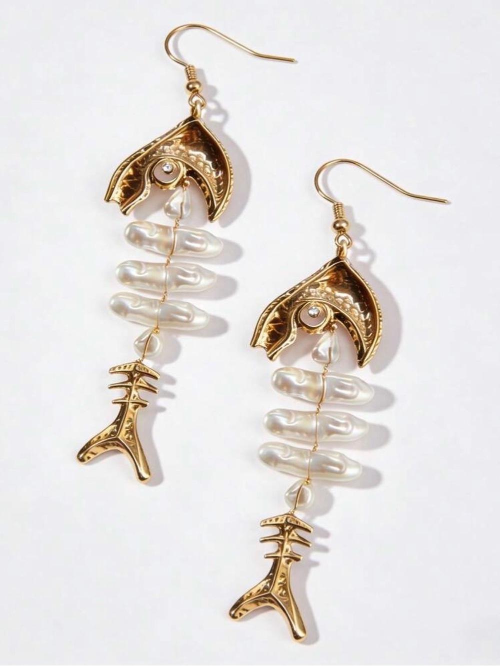 Gold and White Pearl Fishbone Drop Earrings